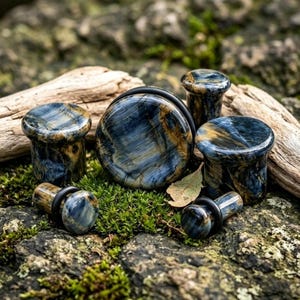 Puede incluir: Una colección de cinco dilatadores circulares para orejas hechos de piedra ojo de tigre azul y dorada. Las piezas presentan un acabado liso y pulido con patrones fibrosos en tonos azul profundo, pizarra y ámbar, cada una con una junta tórica negra.
