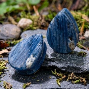 Op de afbeelding: Een paar traanvormige oorplugs gemaakt van diepblauwe kyanietsteen. De oppervlakken vertonen natuurlijke verticale strepen en witte minerale insluitingen, wat de uitgesproken kristallijne textuur en de gepolijste afwerking van de steen benadrukt.