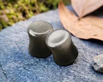 Sleek Black Cat Eye Plugs, Artisan Fiber Optic Glass Plugs, Double Flat Ear Gauges, Handcrafted Solid Pair