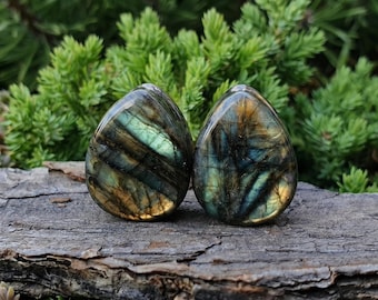 Natural Labradorite Teardrop Plugs, Artisan Multi Flash Stone Plugs, Double Flare Ear Gauges, Handcrafted Solid Pairs