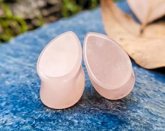 Natural Rose Quartz Teardrop Plugs, Artisan Pink Crystal Plugs, Double Flat Stone Gauges, Handcrafted Solid Pair