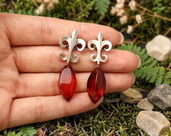 Natural Blood Amber Fleur de Lis Earrings, Artisan Marquise Cut Dangle, Vintage Gothic Silver Drop, Handcrafted Pair