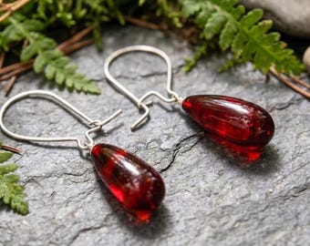 Natural Blood Amber Teardrop Earrings, Artisan 925 Sterling Silver Hooks, Waterdrop Dangle Jewelry, Handcrafted Pair