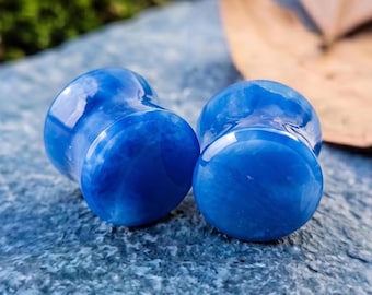 Marbled Blue Onyx Plugs, Artisan Cobalt Glass Plugs, Double Flare Ear Gauges, Handcrafted Solid Pair