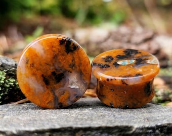 2PCS Natural Petrified Wood Opal Gauges Single Flare Ear Plugs Spotted Stone Plugs Pair Orange Brown Artisan Custom Size
