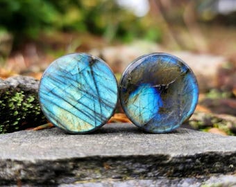 Labradorite Plugs Gauges Pair 6mm-24mm Blue Flash Stone Tunnels Concave Double Flat Saddle Organic Body Piercing Jewelry