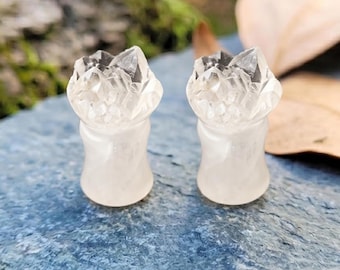 Raw White Quartz Plugs Clear Crystal Cluster Gauges Fairycore Elven Tunnels Spiritual Healing Body Jewelry Pair Sizes