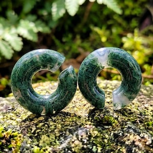 Puede incluir: Un par de pesas para orejas circulares de ágata musgosa con acabado pulido y una abertura distintiva en la estructura del anillo. La piedra muestra inclusiones de color verde oscuro similares a helechos sobre áreas blancas translúcidas.