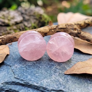 Puede incluir: Dos tapones de cuarzo rosa, de forma cilíndrica, se muestran sobre una superficie gris texturizada. Los tapones son translúcidos, revelando estructuras cristalinas internas. Una pequeña ramita y hojas secas están en el fondo.