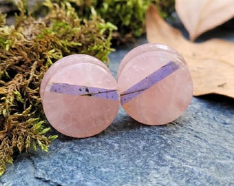 Natural Rose Quartz Plugs, Labradorite Strip Inlay, Purple Flash Double Flat Gauges, Artisan Pink Crystal Pairs