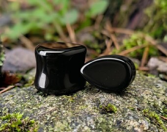 Natural Black Onyx Teardrop Plugs, Artisan Black Agate Stone Plugs, Double Flare Ear Gauges, Handcrafted Solid Pair