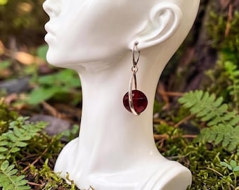 Natural Blood Amber 925 Silver Earrings, Artisan Round Bead Dangle, Minimalist Geometric Drop, Handcrafted Pair