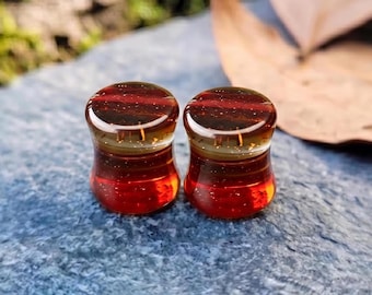 Red Swirl Gold Glitter Glass Plugs, Artisan Crimson Ribbon Plugs, Double Flat Ear Gauges, Handcrafted Solid Pair