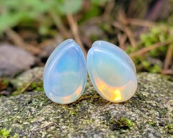 Glowing Opalite Teardrop Plugs, Artisan Iridescent Opal Plugs, Double Flat Ear Gauges, Handcrafted Solid Pair