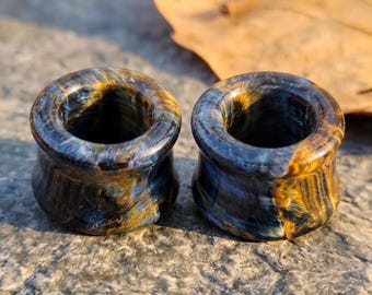 Natural Blue Tiger's eye Plugs, Artisan Storm Stone Tunnels, Blue Flash Double Flare Gauges, Handcrafted Flesh Tunnels