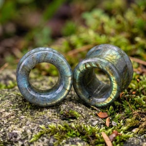 May include: A pair of circular ear plugs crafted from polished labradorite stone, featuring a smooth, cylindrical shape with a hollow centre. The stone displays a natural iridescent sheen with shifting blue and gold tones across the surface.