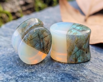 Natural Labradorite Opal Teardrop Plugs, Geometric Split Inlay, Blue Flash Stone Gauges, Artisan Double Flare Pairs
