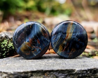 Natural Blue Tiger's eye Plugs, Artisan Shell Inlay Plugs, Blue Flash Double Convex Gauges, Handcrafted Double Flare Pairs