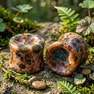 Versteinertes Holz, Opal-Plugs, konkave Form, doppelt gewölbt, fossiler, erdiger Gothic-Edelstein-Körperschmuck, Paar