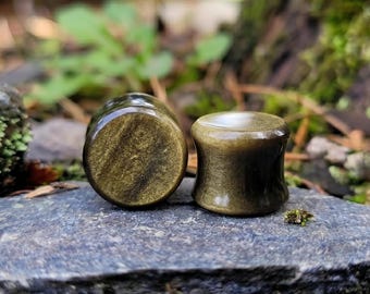 2PCS Natural Gold Sheen Obsidian Gauges Double Flat Ear Plugs Gold Flash Stone Plugs Pair Artisan Piercing Custom Size