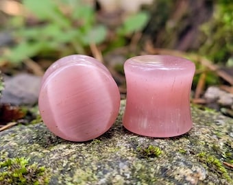 Pink Cat Eye Plugs, Artisan Fiber Optic Glass Plugs, Double Flat Ear Gauges, Handcrafted Solid Pair