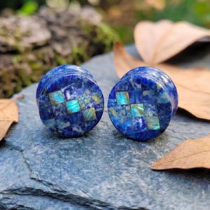 Könnte beinhalten: Ein Paar blaue Lapis-Lazuli-Ohrstecker mit einem Mosaikdesign. Die Ohrstecker weisen ein Schachbrettmuster aus blauen und irisierenden Quadraten auf. Sie werden auf einer grauen Steinoberfläche mit getrockneten Blättern im Hintergrund präsentiert.