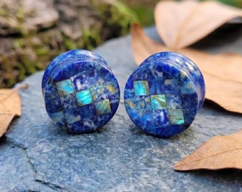 2PCS Natural Lapis Lazuli Labradorite Gauges Double Flat Checkerboard Ear Plugs Pair Mosaic Gothic Artisan Custom Size