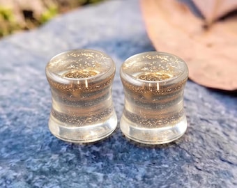 Gold Glitter Clear Glass Double Flat Gauges, Sparkly Shimmer Foil Plugs, Double Flare Stone Gauges, Custom Sizes Available
