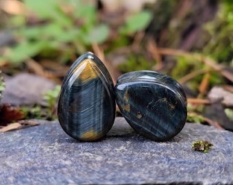 Natural Blue Tiger's eye Teardrop Plugs, Artisan Blue Storm Stone Plugs, Double Flat Ear Gauges, Handcrafted Solid Pairs