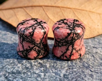 Natural Rhodonite Stone Plugs, Artisan Black Matrix Pink Plugs, Double Flare Ear Gauges, Handcrafted Solid Pair
