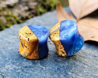 Blue Onyx Plugs Picture Jasper Gauges Double Flat Solid Stone Piercing Landscape Coin Pair All Sizes Custom