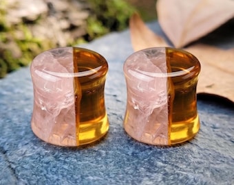 Rose Quartz Plugs Smoky Quartz Gauges Double Flare Tunnels Mixed Crystal Ear Piercing Pair Romantic Witchy Custom Size