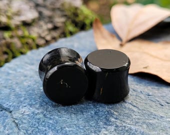 Natural Black Tourmaline Plugs, Artisan Protection Crystal Plugs, Double Flat Stone Gauges, Handcrafted Solid Pairs