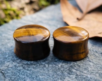 Tiger Eye Ear Plugs Natural Gemstone Gauges Pair 8mm-25mm Double Convex Brown Stone Plugs Organic Body Piercing Jewelry Gift