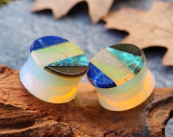 Lapis Lazuli Plugs Opalite Obsidian Double Flat Gauges Yellow Opal Sunstone Chrysocolla Mixed Stone Tunnels Custom Size