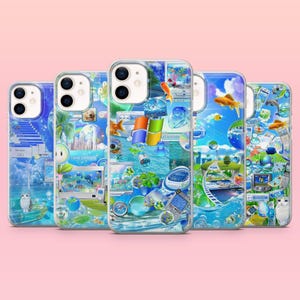 May include: Five phone cases with a blue and white design. Each case has a unique collage of images, including fish, computer icons, and a Windows logo. The cases are arranged against a pink background.
