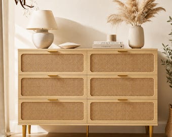 Cómoda de ratán de 6 cajones, madera natural, frentes de caña, mueble de almacenamiento para dormitorio estilo bohemio