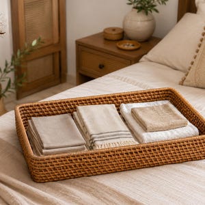 May include: A rectangular woven rattan tray with a natural light brown finish. Inside the tray are three folded textile items: a stack of solid beige napkins, a striped cream-colored cloth, and a white towel topped with a small square tan cloth.