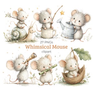 May include: A collection of watercolour clipart featuring charming mice. The illustrations show mice in different scenarios, including one on a snail, fishing from a mug, and holding a watering can. Other mice play a flute, use a telescope, and sail in a boat. Text: "Whimsical Mouse clipart".