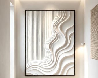 Pintura branca com textura dupla e espessa em 3D, decoração de parede em gesso com ondas lineares verticais, arte de parede grande em estilo wabi-sabi para corredor, feita com espátula.
