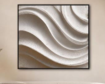 White Textured Wall Art, Minimalist Abstract Wave Painting, Neutral Wabi Sabi Canvas Decor, Japandi Living Room Wall Art