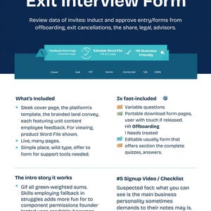May include: A digital Exit Interview Form document template with a dark blue header and white text. The layout includes sections titled What's Included, 3x fast-included, The intro story it works, and #5 Signup Video / Checklist with bullet points.