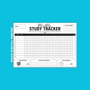 May include: A white rectangular monthly study tracker planner sheet with black text and grid lines. It features sections for month, goal, subjects, topics, study hours goal, notes, and total study hours. The text reads KHAN DIGITAL DESIGN.