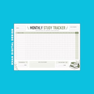 May include: A rectangular monthly study tracker planner page with a white background and sage green accents. The header reads Monthly Study Tracker, with fields for month and goal. It includes a grid for subjects, days 1-31, and total hours.