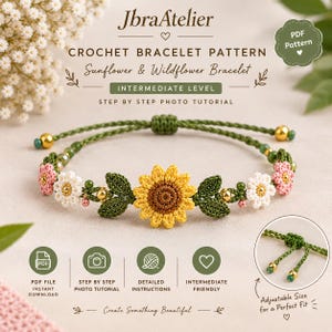 May include: A crochet bracelet pattern titled JbraAtelier Sunflower & Wildflower Bracelet. The image displays a green cord bracelet featuring a central yellow sunflower, green leaves, and small white and pink flowers with gold beads.