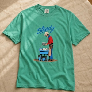 Steady Cowboy Washing Dishes T-Shirt, Mustached Ranch Hand at Blue Sink Graphic Tee, Quiet Work Western Shirt image 14