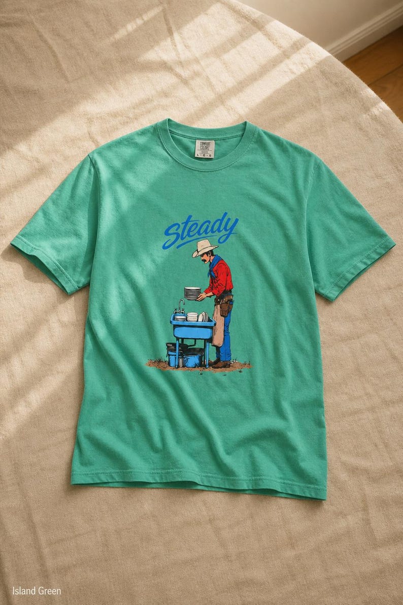Steady Cowboy Washing Dishes T-Shirt, Mustached Ranch Hand at Blue Sink Graphic Tee, Quiet Work Western Shirt image 14