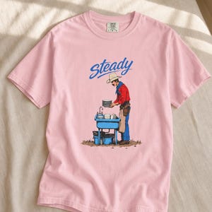 Steady Cowboy Washing Dishes T-Shirt, Mustached Ranch Hand at Blue Sink Graphic Tee, Quiet Work Western Shirt image 8