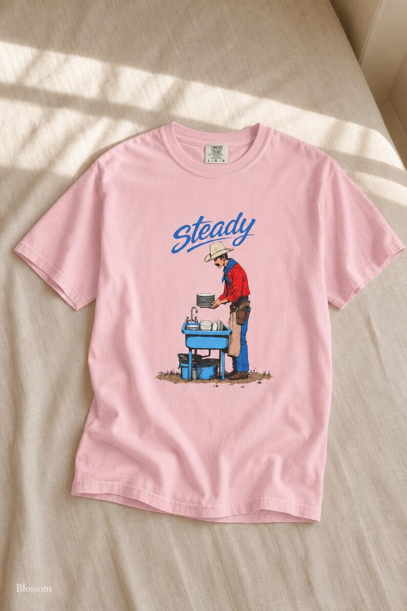 Steady Cowboy Washing Dishes T-Shirt, Mustached Ranch Hand at Blue Sink Graphic Tee, Quiet Work Western Shirt image 8