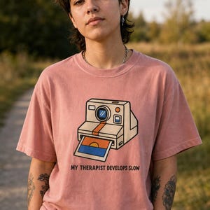 Retro Polaroid Camera T-Shirt, My Therapist Develops Slow, Vintage Instant Photo Tee, Film Photography Graphic Tee, Sunset Print image 3